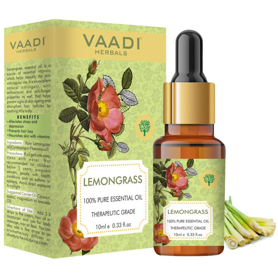 Vaadi Herbals Lemongrass Essential Oil - Reduces Stress & Depression, Prevents Hairfall, Prevents Skin Ageing - 100% Pure Therapeutic Grade, 10 ml