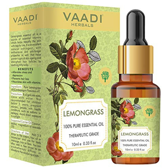 Vaadi Herbals Lemongrass Essential Oil - Reduces Stress & Depression, Prevents Hairfall, Prevents Skin Ageing - 100% Pure Therapeutic Grade, 10 ml