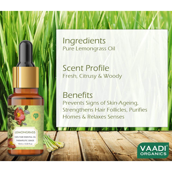 Vaadi Herbals Lemongrass Essential Oil - Reduces Stress & Depression, Prevents Hairfall, Prevents Skin Ageing - 100% Pure Therapeutic Grade, 10 ml