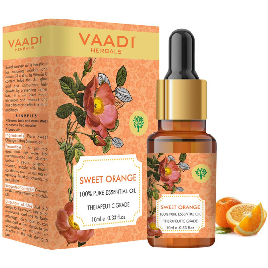 VAADI HERBALS Sweet Orange Essential Oil - Vitamin C Reduces Hairfall, Improves Skin Complexion, Enhances Mood, Loosens Tired Muscles - 100% Pure Therapeutic Grade, 10 ml