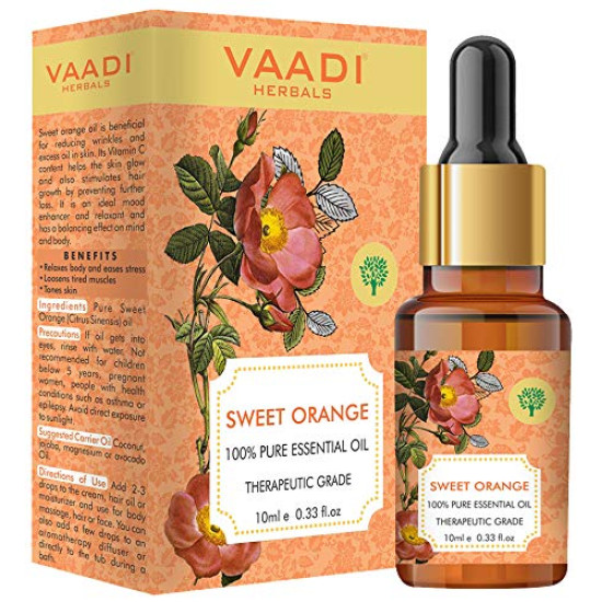 VAADI HERBALS Sweet Orange Essential Oil - Vitamin C Reduces Hairfall, Improves Skin Complexion, Enhances Mood, Loosens Tired Muscles - 100% Pure Therapeutic Grade, 10 ml