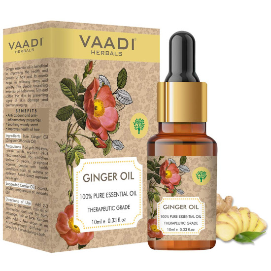 Vaadi Herbals Ginger Essential Oil - Tones Skin, Prevents Hairfall, Soothing Woody Aroma - 100% Pure Therapeutic Grade, 10 ml