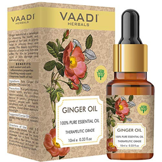 Vaadi Herbals Ginger Essential Oil - Tones Skin, Prevents Hairfall, Soothing Woody Aroma - 100% Pure Therapeutic Grade, 10 ml