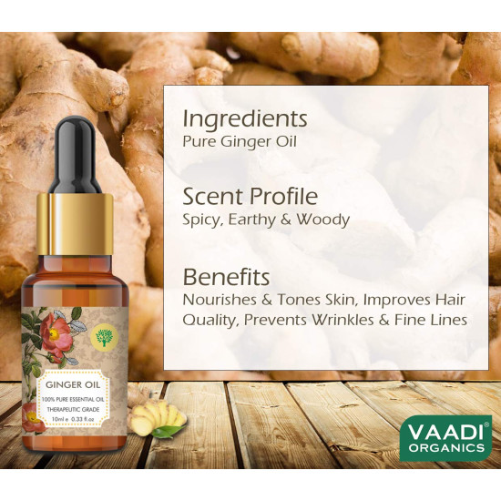 Vaadi Herbals Ginger Essential Oil - Tones Skin, Prevents Hairfall, Soothing Woody Aroma - 100% Pure Therapeutic Grade, 10 ml