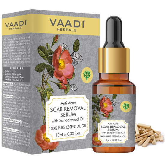 VAADI HERBALS Scar Removal Serum (Pure Mix Of Sandalwood Oil, Steam Distilled Neem & Fenugreek Extract) - Reduces Acne, Dark Spots & Pigmentation, 10 ml