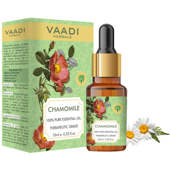 VAADI HERBALS Chamomile Essential Oil - Reduces Blemishes, Evens Skin Tone - Relieves Stress, Better Sleep - 100% Pure Therapeutic Grade, 10 ml