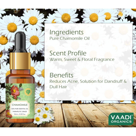 VAADI HERBALS Chamomile Essential Oil - Reduces Blemishes, Evens Skin Tone - Relieves Stress, Better Sleep - 100% Pure Therapeutic Grade, 10 ml