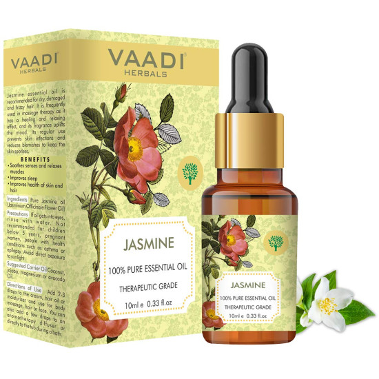 VAADI HERBALS Jasmine Essential Oil - Nourishes Dry & Damaged Hair, Improves Sleep, Uplifts Mood, Reduces Acne & Blemishes - 100% Pure Therapeutic Grade, 10 ml