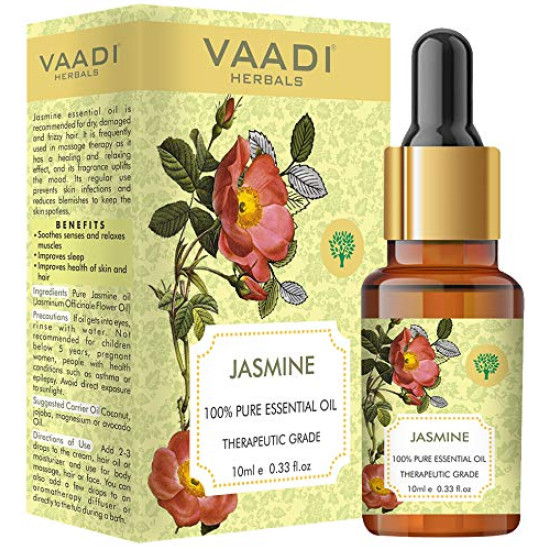 VAADI HERBALS Jasmine Essential Oil - Nourishes Dry & Damaged Hair, Improves Sleep, Uplifts Mood, Reduces Acne & Blemishes - 100% Pure Therapeutic Grade, 10 ml