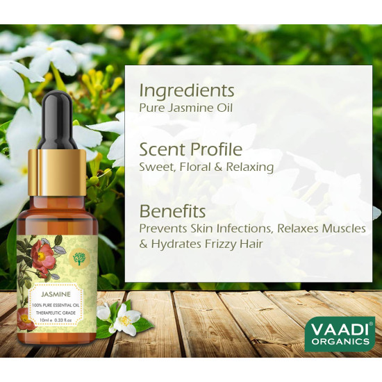 VAADI HERBALS Jasmine Essential Oil - Nourishes Dry & Damaged Hair, Improves Sleep, Uplifts Mood, Reduces Acne & Blemishes - 100% Pure Therapeutic Grade, 10 ml