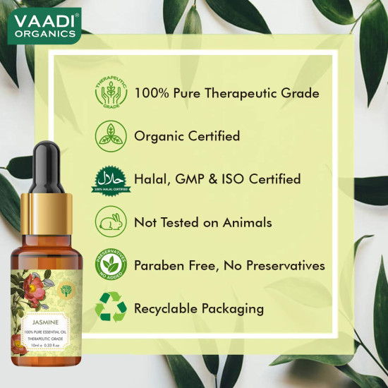 VAADI HERBALS Jasmine Essential Oil - Nourishes Dry & Damaged Hair, Improves Sleep, Uplifts Mood, Reduces Acne & Blemishes - 100% Pure Therapeutic Grade, 10 ml