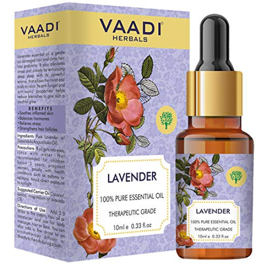 VAADI HERBALS Lavender Essential Oil - Prevents Hairfall, Relieves Stress, Soothes Skin - 100% Pure Therapeutic Grade, 10 ml