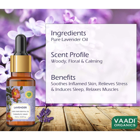 VAADI HERBALS Lavender Essential Oil - Prevents Hairfall, Relieves Stress, Soothes Skin - 100% Pure Therapeutic Grade, 10 ml