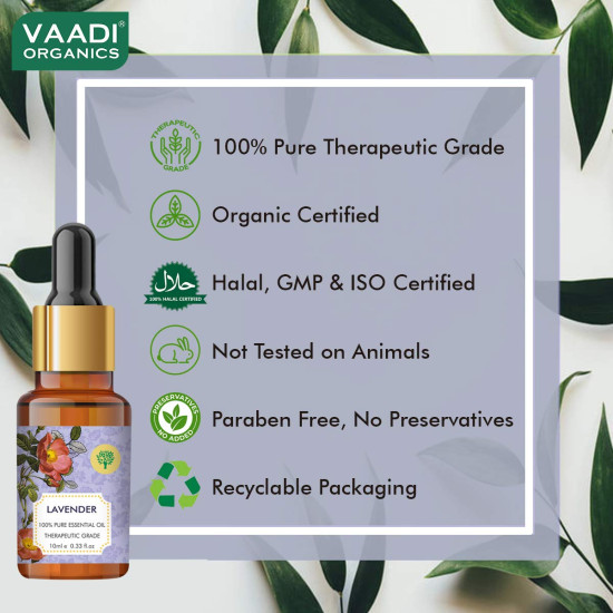 VAADI HERBALS Lavender Essential Oil - Prevents Hairfall, Relieves Stress, Soothes Skin - 100% Pure Therapeutic Grade, 10 ml