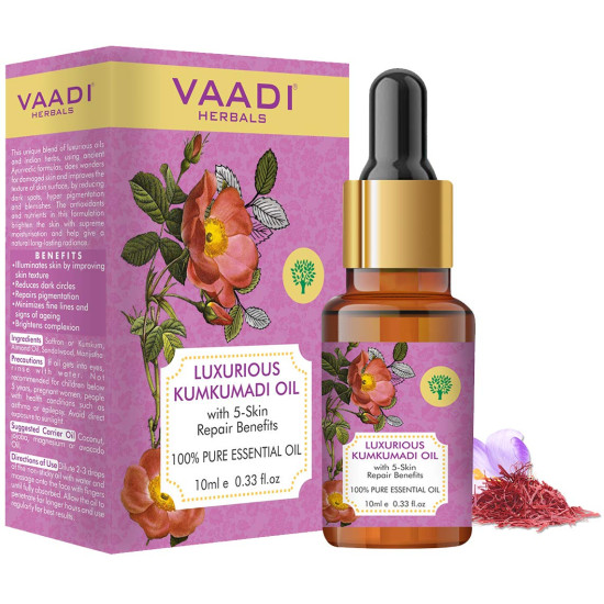 VAADI HERBALS Luxurious Kumkumadi Oil (Pure Mix Of Saffron, Sandalwood, Manjistha & Almond Oil) - Reduces Dark Circles, Pigmentation & Brightens Complexion, 10 ml