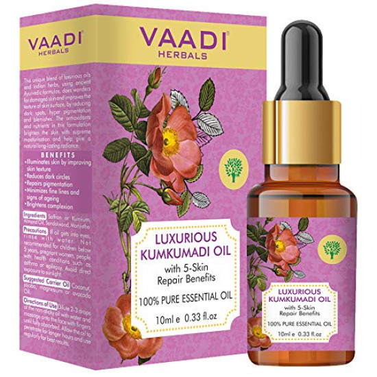 VAADI HERBALS Luxurious Kumkumadi Oil (Pure Mix Of Saffron, Sandalwood, Manjistha & Almond Oil) - Reduces Dark Circles, Pigmentation & Brightens Complexion, 10 ml