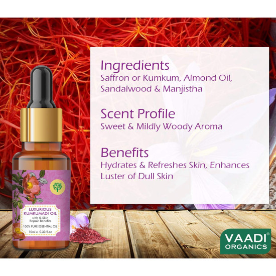 VAADI HERBALS Luxurious Kumkumadi Oil (Pure Mix Of Saffron, Sandalwood, Manjistha & Almond Oil) - Reduces Dark Circles, Pigmentation & Brightens Complexion, 10 ml