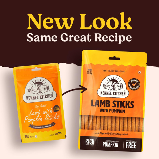 Kennel Kitchen Soft Baked Lamb with Pumpkin Sticks Treats for Dogs, 100g (Pack of 1) | Soft Dog Chew Sticks | Dog Treats for Adult Dogs and Puppies