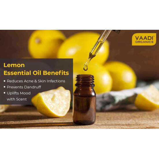 VAADI HERBALS Lemon Essential Oil - Lightens Skin, Reduces Dandruff, Uplifts Mood - 100% Pure Therapeutic Grade, 10 ml