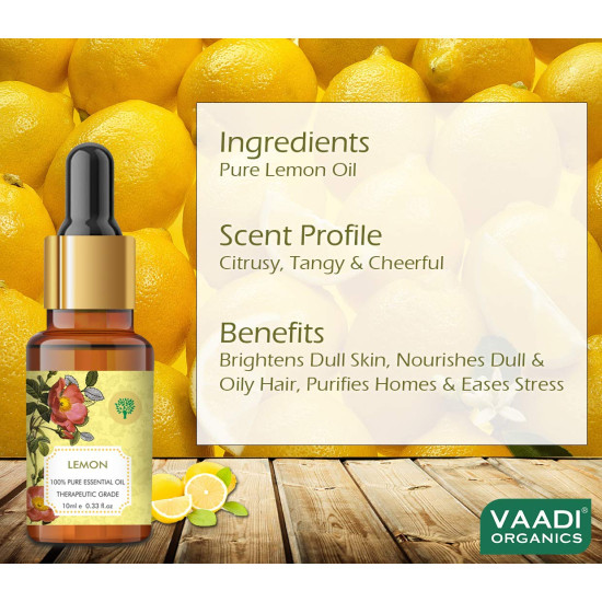 VAADI HERBALS Lemon Essential Oil - Lightens Skin, Reduces Dandruff, Uplifts Mood - 100% Pure Therapeutic Grade, 10 ml