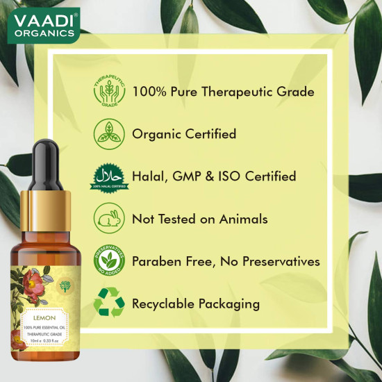 VAADI HERBALS Lemon Essential Oil - Lightens Skin, Reduces Dandruff, Uplifts Mood - 100% Pure Therapeutic Grade, 10 ml