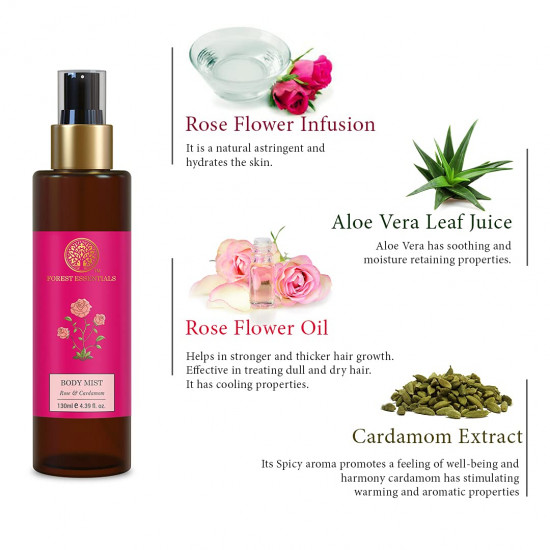 Forest Essentials Body Mist Rose & Cardamom | Natural & Hydrating Body Spray For Men & Women | Luxury Floral & Oriental Fragrance | 130 ml