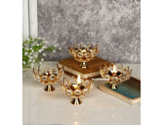 Collectible India Diwali Diya Crystal Round Akhand Diya for Puja Brass Small Kamal Deep Jyoti Oil Lamp for Home Temple Pooja Decor Gifts Pack of 4