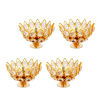 Collectible India Diwali Diya Crystal Round Akhand Diya for Puja Brass Small Kamal Deep Jyoti Oil Lamp for Home Temple Pooja Decor Gifts Pack of 4