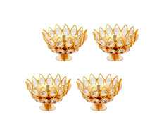 Collectible India Diwali Diya Crystal Round Akhand Diya for Puja Brass Small Kamal Deep Jyoti Oil Lamp for Home Temple Pooja Decor Gifts Pack of 4