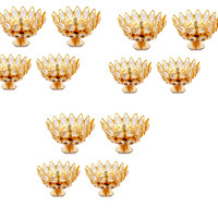 Collectible India Brass Crystal Bowl Design Akhand Diya Oil Lamp Stand for Puja Home Diwali Decoration (Golden) Pack of 12