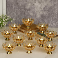 Collectible India Brass Crystal Bowl Design Akhand Diya Oil Lamp Stand for Puja Home Diwali Decoration (Golden) Pack of 12