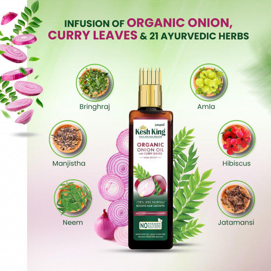 Kesh King Organic Onion Oil With Curry Leaves Reduces Hair Fall Upto 98% and Boosts Hair Growth | Non-Sticky Formula | Fragrance of Flowers | Goodness of Onion, Curry Leaves, Amla & Bhringraj - 100ml