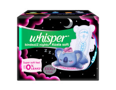 WHISPER BINDAZZZ NIGHTS KOALA SOFT SANITARY PADS, 8 XXXL+ PADS, UPTO 0% LEAKS, 85% LONGER & WIDER BACK, SUPER SOFT TOPSHEET, DOUBLE HUG WINGS, DISPOSABLE WRAPPER, for women