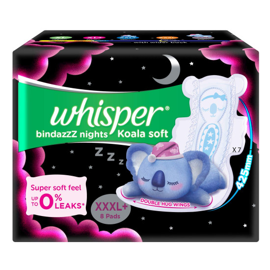 WHISPER BINDAZZZ NIGHTS KOALA SOFT SANITARY PADS, 8 XXXL+ PADS, UPTO 0% LEAKS, 85% LONGER & WIDER BACK, SUPER SOFT TOPSHEET, DOUBLE HUG WINGS, DISPOSABLE WRAPPER, for women WHISPER BINDAZZZ NIGHTS KOALA SOFT SANITARY PADS, 8 XXXL+ PADS, UPTO 0% LEAKS, 85% LONGER & WIDER BACK, SUPER SOFT TOPSHEET, DOUBLE HUG WINGS, DISPOSABLE WRAPPER, for women