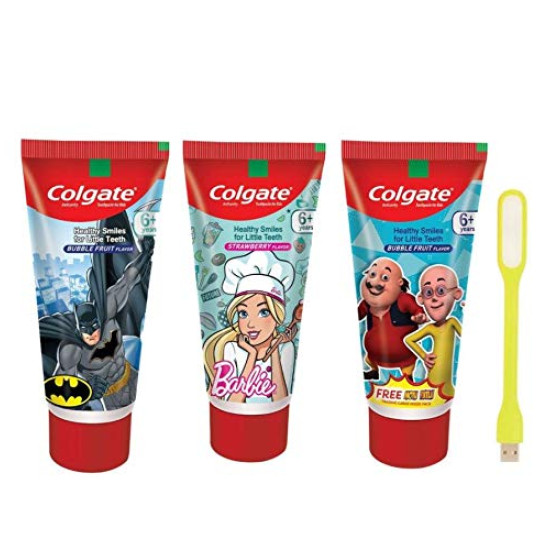 Colgate Kids Toothpaste Batman + Barbie + Motu Patlu Anticavity Toothpaste For Kids - 80g + 80g + 80g (Bubble Fruit Flavour) (Free USB LED)