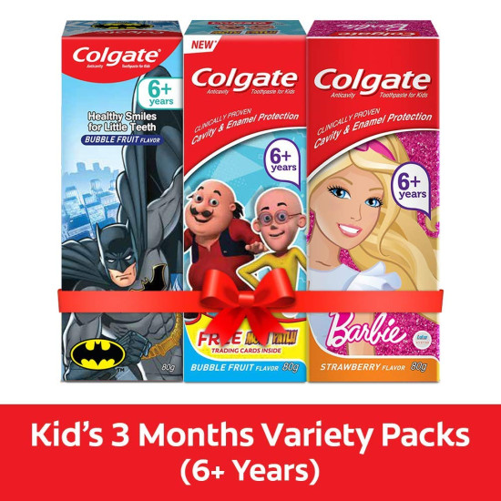 Colgate Kids Toothpaste Batman + Barbie + Motu Patlu Anticavity Toothpaste For Kids - 80g + 80g + 80g (Bubble Fruit Flavour) (Free USB LED)