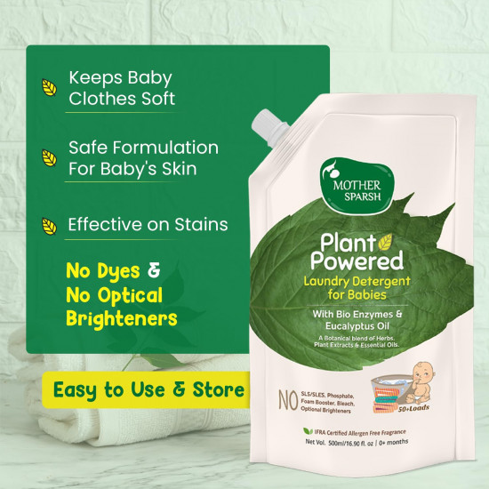 Mother Sparsh Baby Laundry Liquid Detergent- 500ml x 3 (Powered by Plants) with Bio-Enzymes and Eucalyptus Oil