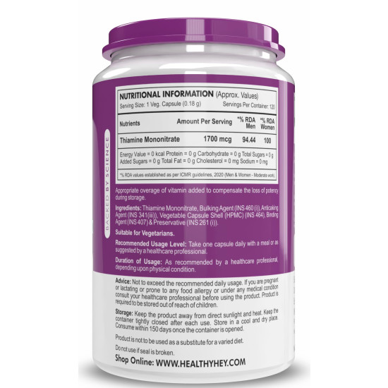 HealthyHey Nutrition Vitamin B1 Thiamine -120 Veg Capsules