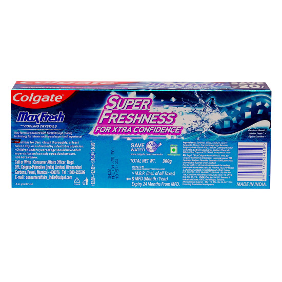 Colgate Toothpaste Maxfresh with Cooling Crystals, 2 X150 gm Blue Box