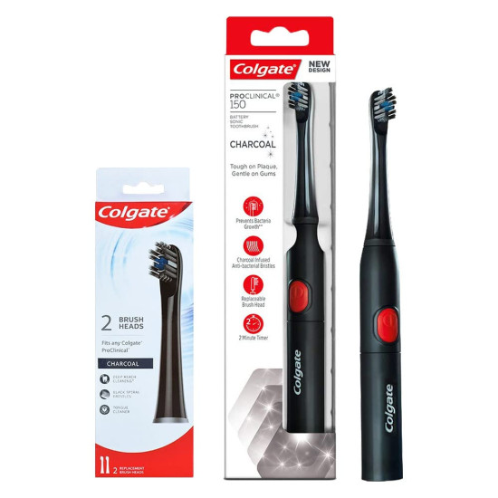 Colgate ProClinical 150 Charcoal Sonic Battery Powered Electric Toothbrush and Colgate 360 Deep Clean Charcoal Toothbrush Replacement Brush Heads - Pack of 2