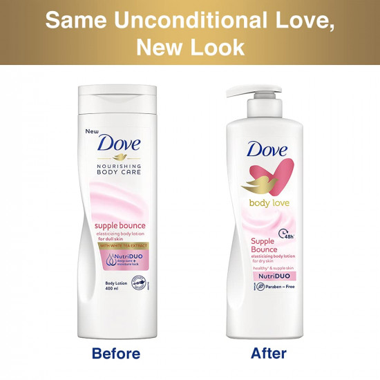 Dove Body Love, Supple Bounce Body Lotion, 400 ml , for Supple Healthy Skin, 48hrs Long-Lasting Moisturization, Paraben-Free, Plant Based Moisturizer
