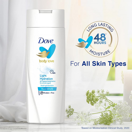 Dove Body Love Light Hydration Body Lotion For All Skin Types Paraben Free, 48hrs Moisturisation with Plan Based moisturiser, Fresh Hydrated Skin 100ml