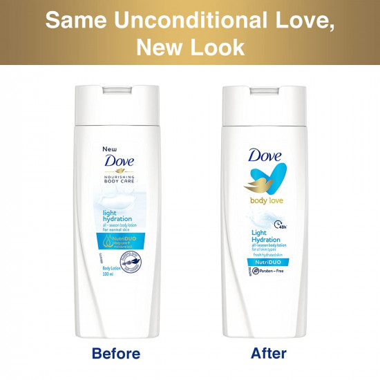 Dove Body Love Light Hydration Body Lotion For All Skin Types Paraben Free, 48hrs Moisturisation with Plan Based moisturiser, Fresh Hydrated Skin 100ml