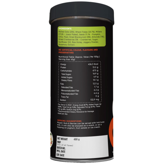 True Elements Crunchy Nuts & Berries Muesli 400g - 100% Wholegrain Cereal | Nutrients-rich | High Fibre Breakfast | Breakfast delight