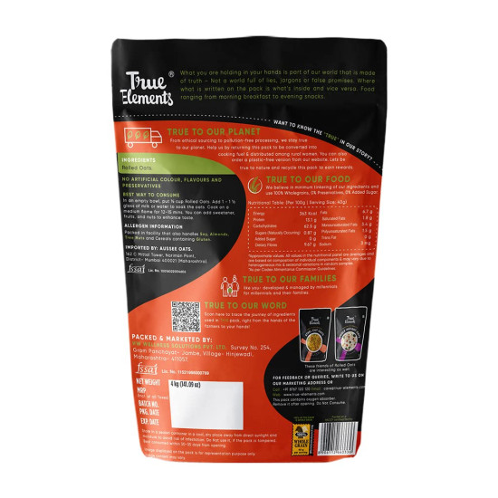 True Elements Rolled Oats 4kg - Protein Oats | 100% Wholegrain | Rolled Oats for Breakfast | High Fibre Cereals | Gluten Free | Oats for Weight Management True Elements Rolled Oats 4kg - Protein Oats | 100% Wholegrain | Rolled Oats for Breakfast | High Fibre Cereals | Gluten Free | Oats for Weight Management