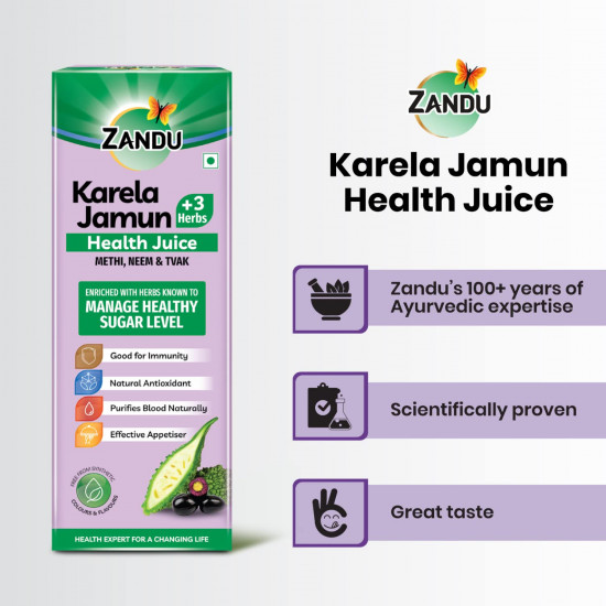 Zandu Karela Jamun Juice 1L, Controls Blood Sugar, Diabetes Care, with 3 added Herbs Methi, Neem and Tvak, No Added Sugar or Flavours