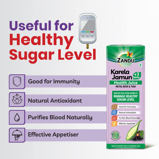 Zandu Karela Jamun Juice 1L, Controls Blood Sugar, Diabetes Care, with 3 added Herbs Methi, Neem and Tvak, No Added Sugar or Flavours