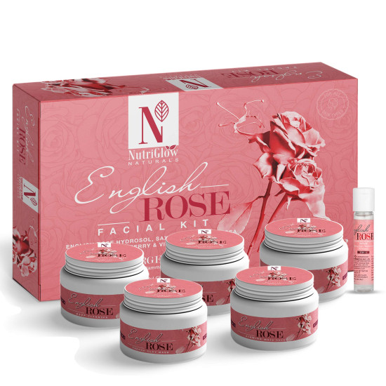 NutriGlow Natural’s English Rose Facial Kit with Natural Rose Extracts for Radiant & Glowing Skin, (250g+10ml)