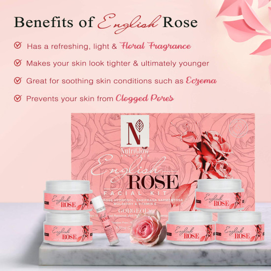 NutriGlow Natural’s English Rose Facial Kit with Natural Rose Extracts for Radiant & Glowing Skin, (250g+10ml)