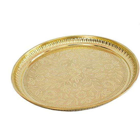 Skywalk Handmade Brass Puja Thali with Flower Embossed Design (Gold, 8 Inch)